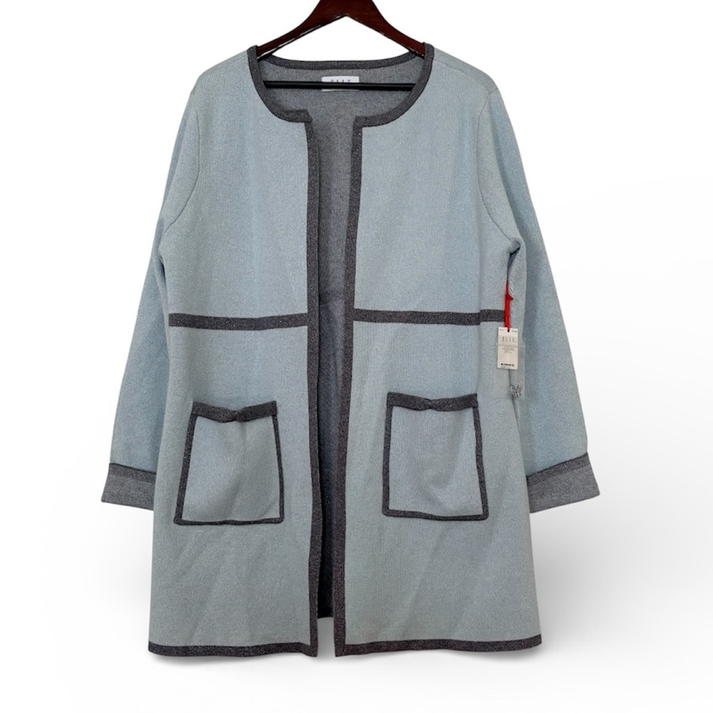 NWT Elle Shimmery Icy Blue & Grey Open Cardigan Coatigan Stretch Layering Piece